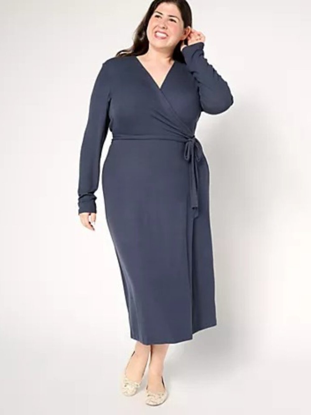 NWT Barefoot Dreams Size XS Indigo Dark Blue Ultra Soft Rib Wrap Midi Dress NEW - Picture 1 of 3